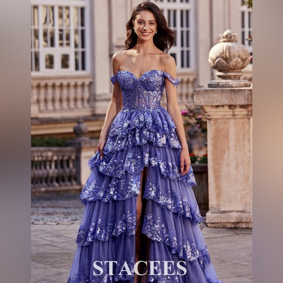 Lavender Off-the-Shoulder Prom Dress with Ruffles & Sequins from Stacees - Picture 2 of 8